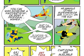 create happy birthday, proposal, wishing, other message with Comics , superheroes and toons, 1 page of cartoons saying ur word only