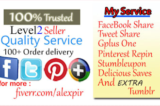 give You REAL 15 Facebook Share,15 Tweet,15 Pinterest Share,15 Google votes, 20 Stumble Likes and 20 Delicious Saves And Extra 10 Tumblr