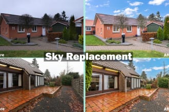 replace sky, green grass, and fire in fireplace in real estate photos