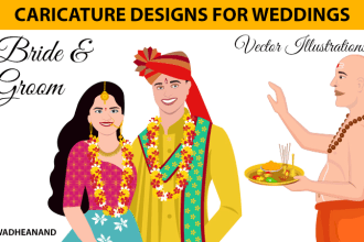 create wedding caricatures of bride groom with backgrounds