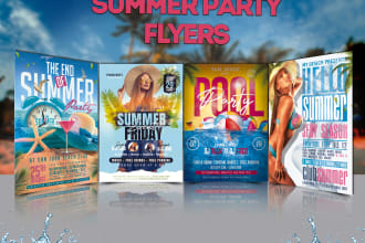 create vibrant summer flyer design, beach party, BBQ, pool party