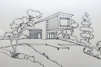 sketch with hand, exterior view of buildings