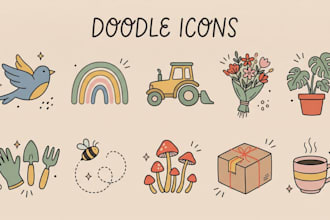create hand drawn doodle icons, all cartoon illustrations