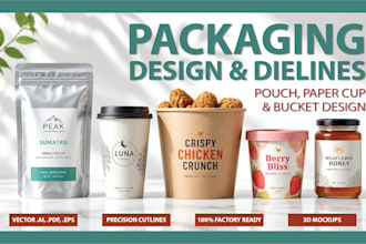 design stand up pouch, paper coffee cup, label and packaging dieline