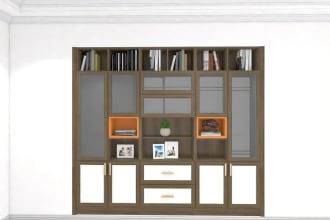 make a 3d design of wooden cabinet cupboard and wine closet