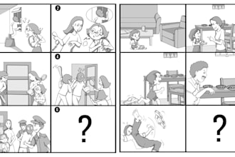 draw black and white cartoon, line and comic story board illustrations
