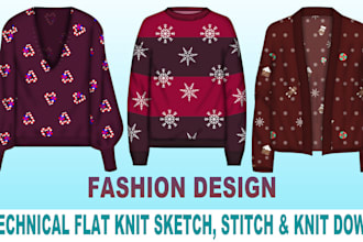 do a technical flat knit sketch and tech pack