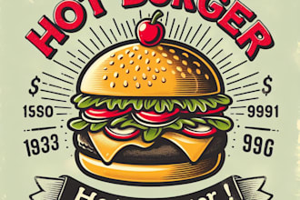 make hot burger, restaurant, coffee shop, chef, food, vintage logo design