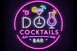 do neon cocktails bar circle frame with lettering on dark logo