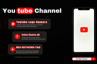 create and setup youtube channel with logo, art, intro, outro