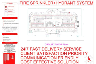 design fire safety plan, evacuation route, fire hydrant, alarm and sprinkler