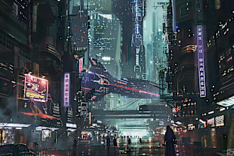 draw sci fi illustration of futuristic cyberpunk city