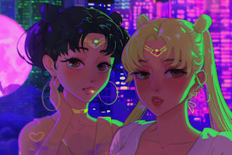 do your character into a retro 90s sailor moon scene style