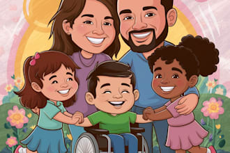 draw couple,family or group into cartoon vector portrait