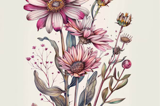 do botanical illustrations of flowers, plants, line art