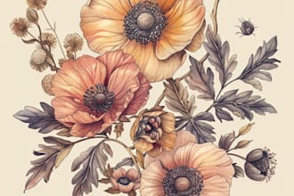 make botanical line art illustration flower, plant, fruits