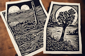 create awesome linocut illustration or linocut imitation