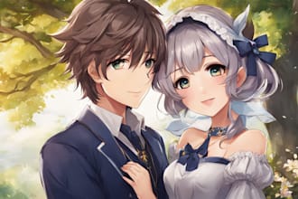 draw you cute anime couple art portrait