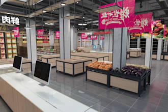 design home furniture, modern interior gym, cafe, restaurant, retail store, vray