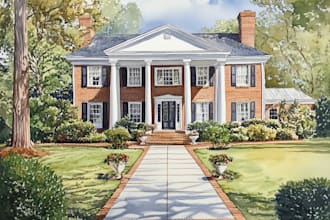 paint a watercolor house portrait or city space illustration