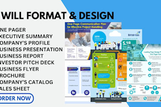 design business one pager, executive summary report, sell sheet, flyer, brochure