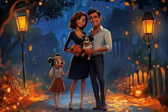 make disney style family and couple cartoon portrait