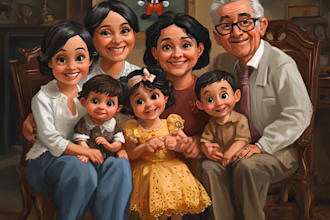 draw stunning disney cartoon family, group portrait