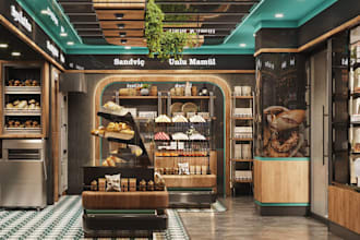 sketch up 3d bakery shop night club restaurant interior, australian house facade