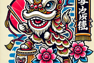 do awesome drawing japanese lion dance mascot logo design with 1 day deliver