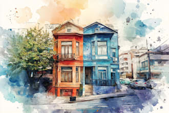 paint a watercolor house portrait or city space illustration