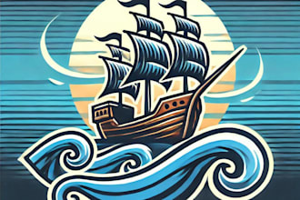 do modern unique old ship with waves mascot logo with unlimited revision