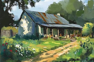 hand paint landscape, house, objects in digital oil painting art