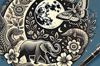design custom flash tattoo in woodblock style