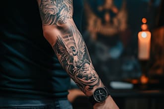 create a full sleeve realistic tattoo design from your concept