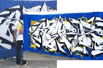 paint real graffiti art letter wildstyle on the street wall