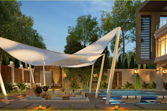 render 3d villa landscape,outdoor scenarios, garden,balcony terrace,patio,ue4,5