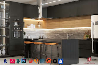 do interior design for kitchen, bath, bedroom, office and gym with 3d rendering