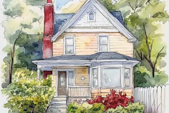 paint a watercolor house portrait or city space illustration