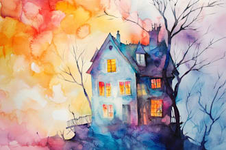 draw handmade watercolor house painting for you
