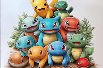draw pokemon team with you as trainer in outstanding quality