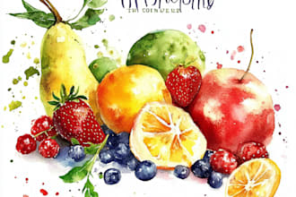 paint watercolor fruits, vegetables, berries in my own style