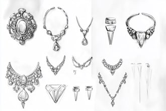 design an elegant jewelry sketch, pieces and collections