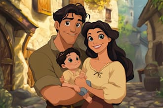 make disney style family and couple cartoon portrait