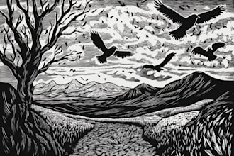 draw niche colorful linocut and woodcut book illustrations