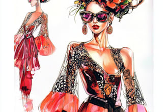 draw a beautiful fashion illustration, sketch, clothes