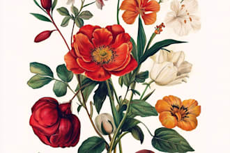 create botanical illustration of flowers, plants, and fruits