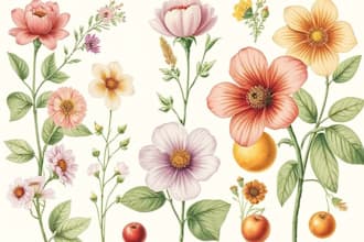 do a botanical illustrations of flowers, plants, and fruits