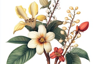 draw botanical illustrations of flowers, plants, line art