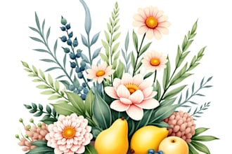 paint flowers, plants and fruits in watercolor