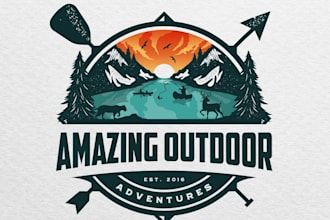 design a vintage fishing, hunting, mountain, and climbing logo